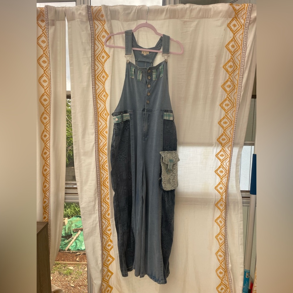 POL Blue Denim Overalls with Green Accents